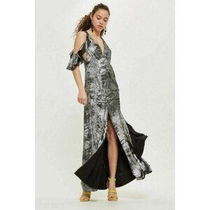 TOPSHOP Silver Metallic Foil Shimmer Maxi Dress Cold Shoulder Ruffle Sz 8 US NEW